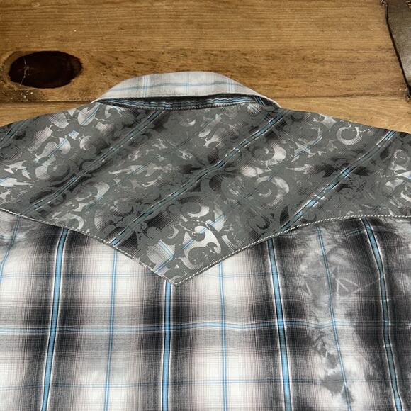 Mens Wrangler Rock 47 Blue Plaid Button Snap Shirt Size Medium - Picture 11 of 13